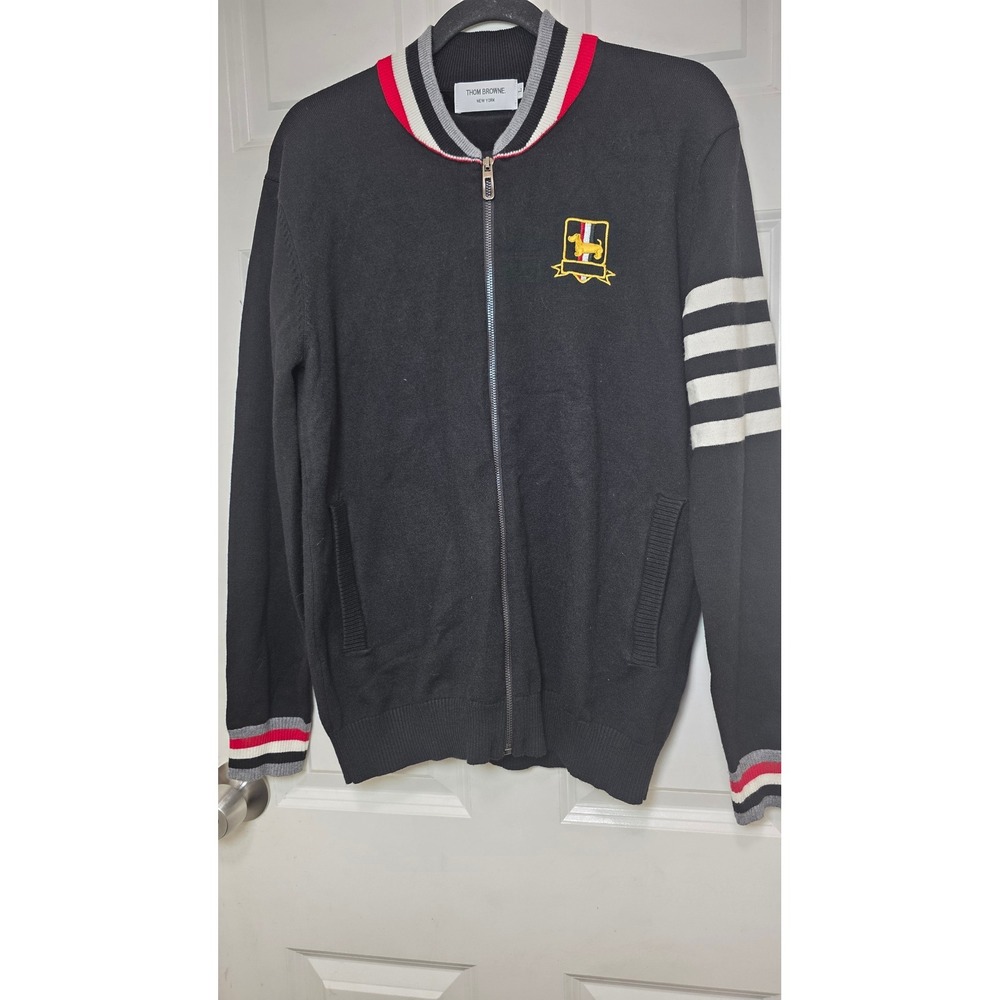 Thom Browne Zip Up Knit Cardigan Men's L Black 4-Bar Stripe Chic Varsity Sweater